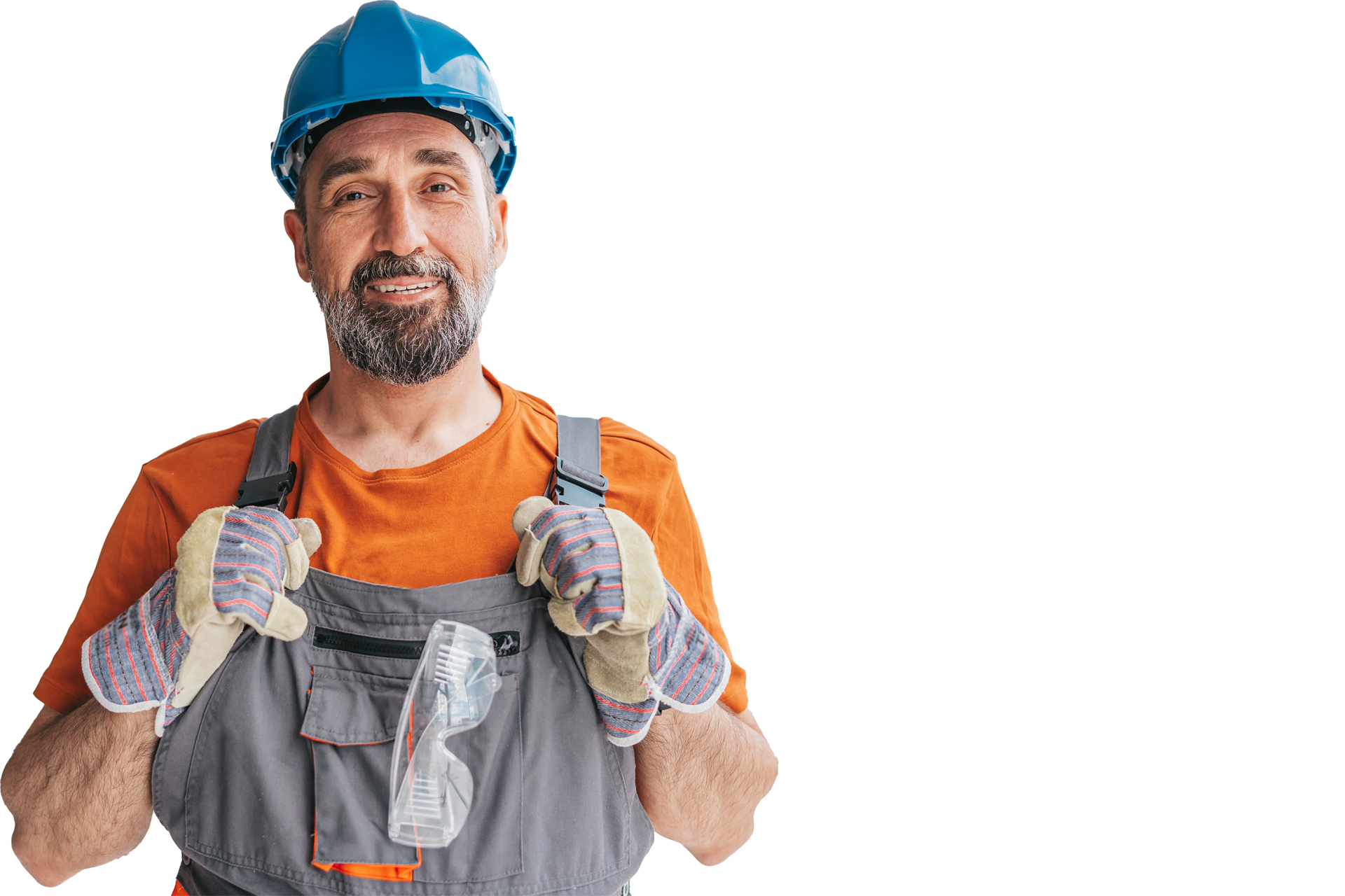 Bouwvakker met blauwe helm en veiligheidsuitrusting.